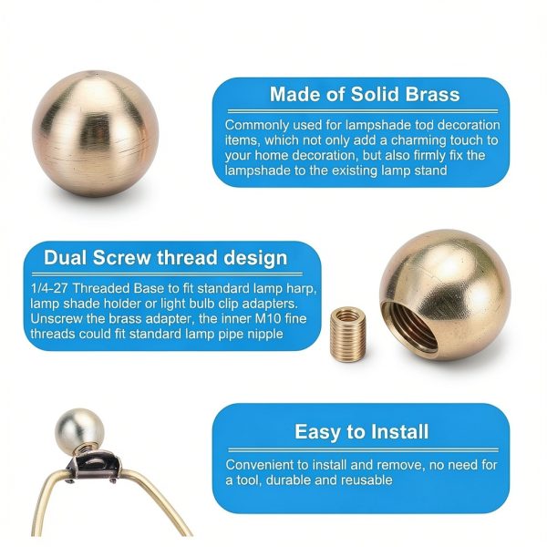 PATIKIL Brass Lamp Finials M10 Thread 1/4-27 Adapter Decor-3
